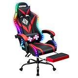 RGB Gaming Chair with Massage and LED Lights Ergonomic Computer Chair with Footrest High Back Video Game Chair with Adjustable Lumbar Support Linkage Armrest Red and Black