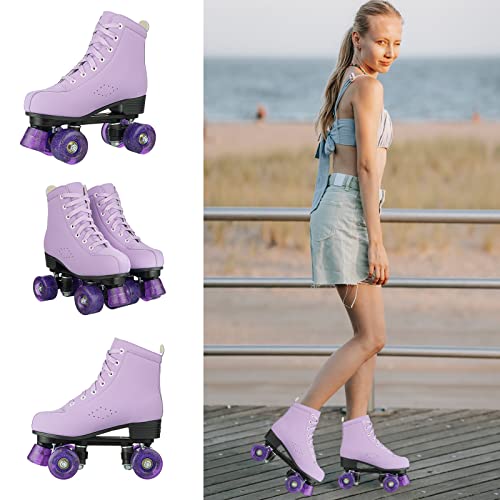 YYW Stylish Roller Skates for Women Girls, High-top Cozy Microfiber Leather Roller Skates,Classic Double Row Indoor Outdoor Roller Skates for Beginner (Purple,40-US Women 9) by YYW - Used condition - Image 5