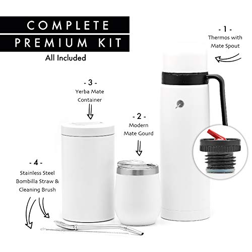 BALIBETOV Yerba Mate Bekerset - Moderne Yerba Mate Kalebas, Thermoskan, Yerba Mate-Container (Yerbero), Bombilla (Mate-Rietje) en Reinigingsborstel - 304 18/8 Roestvrij Staal (Wit) - Image 3