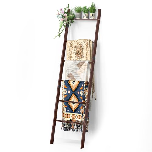 BAMBANG 6-Tier Blanket Ladder for Living Room, Blanket Quilt Ladder Rack Rustic Decorative Towel Holder, Wall Leaning Blanket Ladder Shelf Storage Farmhouse Decor for Bedroom Bathroom, Brown
