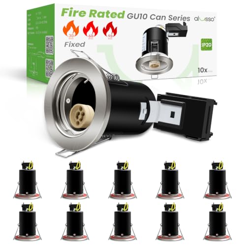 Image of ALUSSO Fire Rated GU10 Can Downlights, LED Recessed Ceiling IP20 Spotlights 90 Minute Fire Resistant, Ф65-70mm Cutout 230V Terminal Block Quick Screwless, Bulbs Not Included, Brushed Chrome - 10 Pack