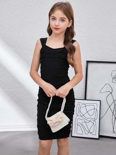 OYOANGLE Girl's Rib Knitted Sleeveless Ruched Strap Bodycon Pencil Mini Tank Dress Summer Casual Dresses3
