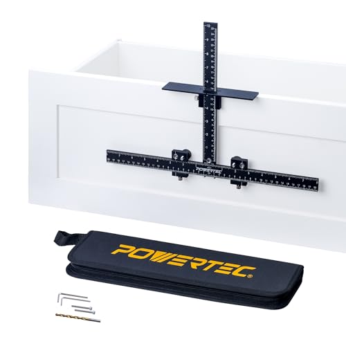 POWERTEC Cabinet Hardware Jig for Knobs & Pulls, Adjustable Drill Guide Template with 5mm Drill Bit, 1'–16' Centering Ra