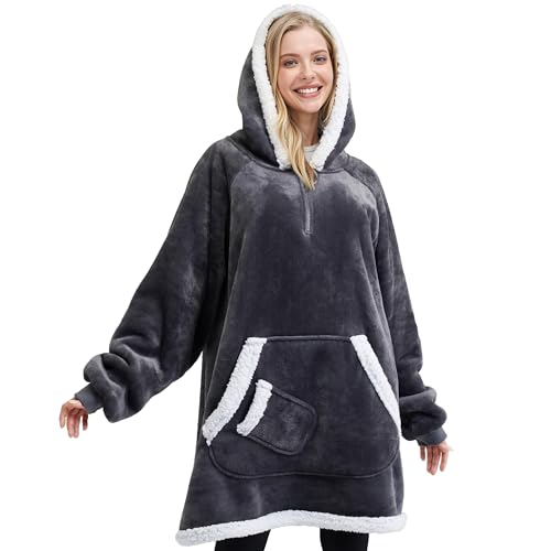 Giggling Getup Wearable Blanket Hoodie for Women Men Gifts for Women Mom Wife Sherpa Fleece Hooded Blanket Sweatshirt Warm Cozy Sherpa Wearable Throw with Pocket & Sleeves for Adult Standard Dark Gray