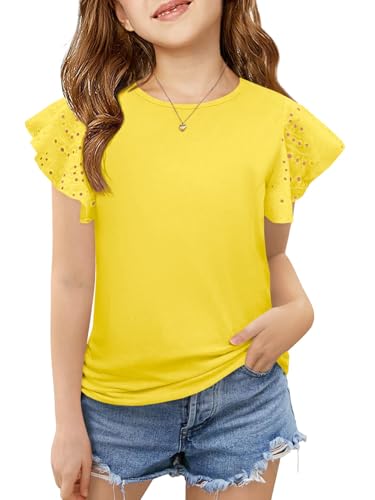 ZDC Girls Ruffle Sleeve T Shirts Summer Crewneck Eyelet Tee Short Sleeve Tops Casual Cute Blouse 5-14 Years Yellow