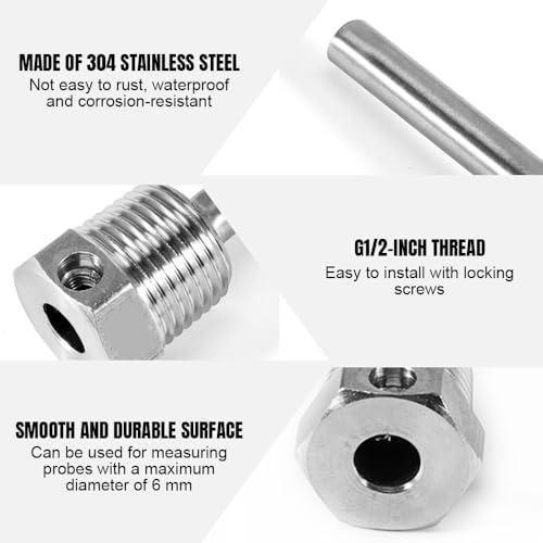 Riisoyu 2 Stück Tauchhülse, 8 x 300mm G 1/2 Zoll Edelstahl 304 Gewinde Schutzrohr für Temperaturfühle Immersion well Thermowell Thermopocket für Thermoelemente Schutzrohr für Temperaturfühler