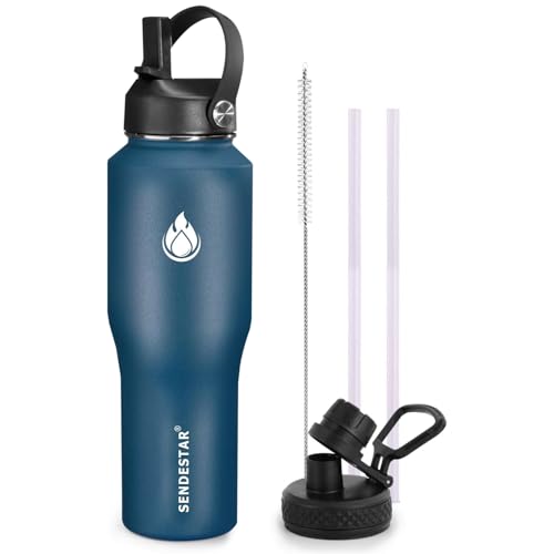 Image of SENDESTAR Water Bottle 32oz,2 Lids(Straw lid),Wide Mouth Stainless Steel Vacuum Insulated Double Wall Keep Liquids Cold or Hot All Day,Sweat Proof Sport Design,Fit Car Cup Holder(Cobalt)