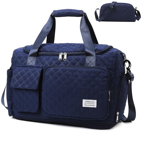 Image of Small Gym Bag for Women, Travel Duffle Bag Carry On Weekender Bag with Shoe Compartment, B2#Navy, 11 x 19.6 x 8.2 inches, Weekender Bag&toiletry Bag