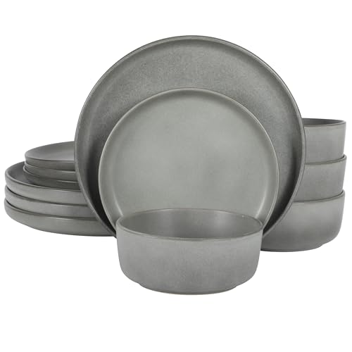 Image of Gibson Elite Pasco 12 Piece (Service for 4) Plates and Bowls Reactive Glaze Dishes Stoneware Ceramic Dinnerware Set - Grey