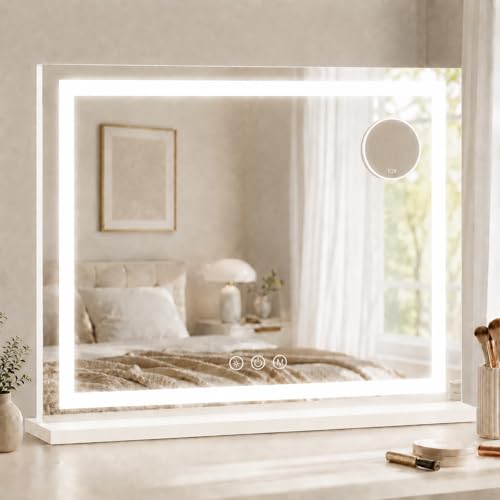 HNV 22.8"x18" Lighted Vanity Mirror with 10X Magnifying Mirror, 3-Color Dimmable LED Makeup Mirror, HD Tempered Glass, Smart Touch Control, Tabletop or Wall-Mounted, White
