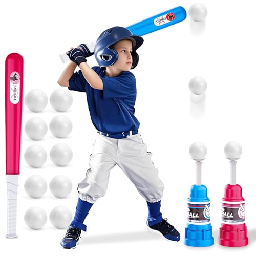 YongnKids 2 Pack T Ball Set for Toddler 3-5 5-8, Tee Baseball Set with 10 Balls, Adjustable Tball Batting Bat and Pitching Machine,Great for Outdoor Activties Families Game Party Birthday Gift