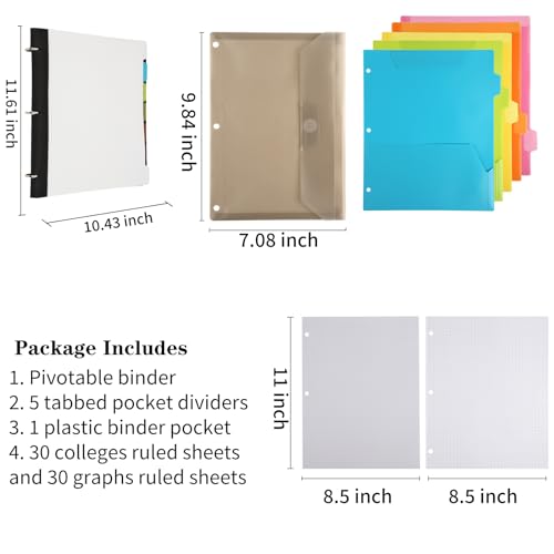 Image of Pivotable Refillable Notebook, 3 Ring Binder Notebooks 1 Inch, Notebook with Dividers and Pockets, Folder Notebook, Flexible Binder, Soft Binders 3 Ring, Foldable Binder- White