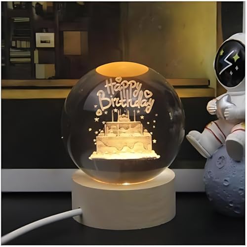 Image of 3D Crystal Ball Night Light with Wooden Base, Aesthetic Clear LED Lamp for Home and Bedroom Touch Switch, Warm Light for Kids and Teens Perfect Birthday & Anniversary (Happy Birthday)