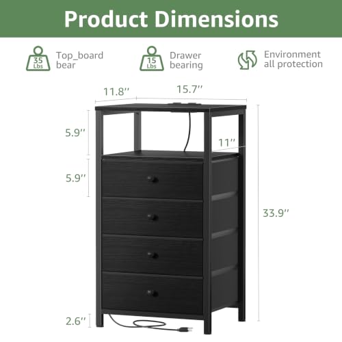 Image of BOLUO Tall Night Stand with Drawers, Black Nightstand with Charging Station and LED Light, Small White 4 Drawer Dresser for Bedroom, Room Storage Closet