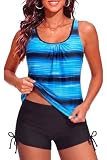 Yonique Blouson Tankini Swimsuits for Women 2 Piece Gradient Blue Bathing Suits Tops with Boyshorts Modest Loose Fit Swimwear M