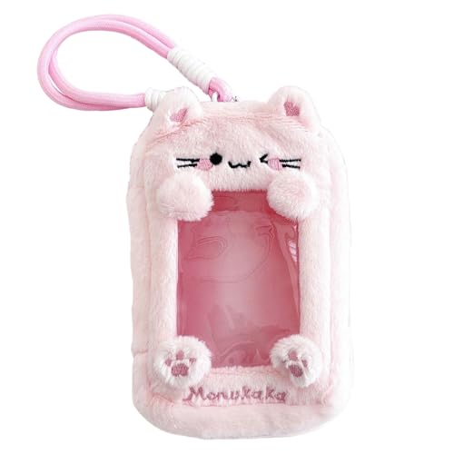 Clear Figure Display Bag - Plush Dustproof Carrying Case for Small Dolls, Storage Pouch Keychain with Zipper Closure (Pink Cat)