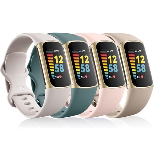CeMiKa 4Pack Straps Compatible with Fitbit Charge 5 & 6, Soft Silicone Sport Bands