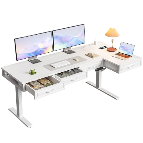 Image of OffiGo 63 Inch L Shaped Standing Desk with 4 Wooden Drawers, White