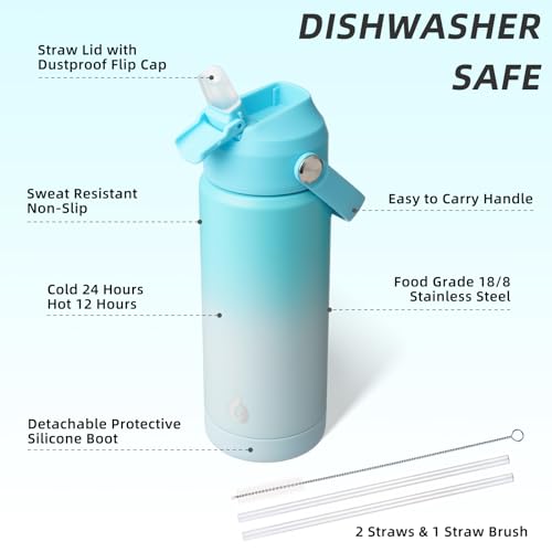 Image of BJPKPK Insulated Water Bottle with Straw Lid, 18oz Thermo Water Bottles with Soft Nozzle, Flex Handle & Non-slip Boot, BPA Free Leak Proof Stainless Steel Metal Thermo, Tumblers, Cups,Sea Salt