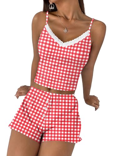 Image of Ekouaer Cami Pajama Sets Y2K 2 Piece Lace Crop Top and Shorts Sexy Pjs Summer Lingerie Sleepwear Nightwear for Women
