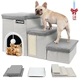 Dog Stairs for Bed Couch Folding with Storage, Dog Stairs for Small Dogs to Get On Bed with Cat Condo, Steps for Large Medium Dogs, Old Cat Pet Stair Steps for High Beds 17.2" H, Pet Ramp Up to 220LBS