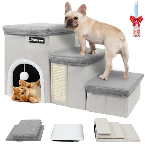 Dog Stairs for Bed Couch Folding with Storage, Dog Stairs for Small Dogs to Get On Bed with Cat Condo, Steps for Large Medium Dogs, Old Cat Pet Stair Steps for High Beds 17.2" H, Pet Ramp Up to 220LBS