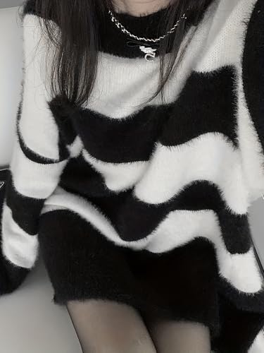 Womens Wide Striped Fuzzy Sweater Casual Contrast Color Crew Neck Furry Knit Pullover Tops3