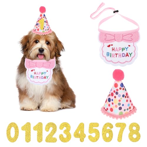 Wanmu Katzen-Geburtstags-Partybedarf, Katze Katzen Geburtstag Hut Bandana Mütze mit 8 Bling Nummern, Hunde Geburtstagslätzchen für Hundegeburtstagsparty, Welpenkatzenhaustier Deko (Rosa)