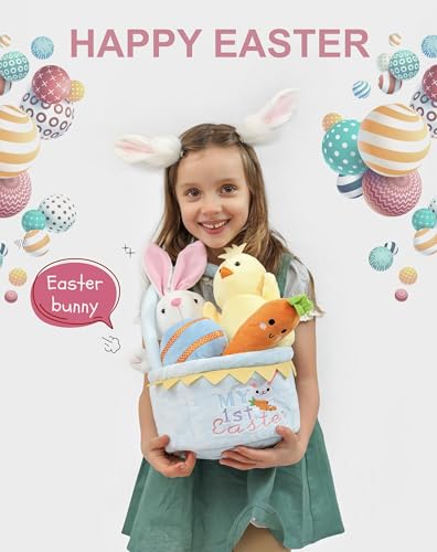 Image of My First Easter Basket Stuffed Plush Playset Baby's First Easter Basket Stuffed Cartoon Bunny Easter Egg Plush Basket for Kids 5pcs (Blue)