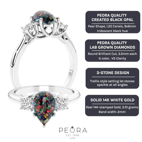 3-Stone Pear Shape Shape Created Black Opal and Lab Grown Diamond Trellis Ring 14K White or Yellow Gold, 1.50 Carats total, Sizes 4 to 104