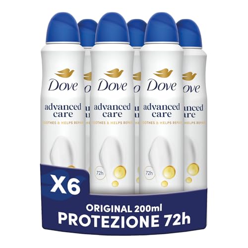 Dove Deodorante Spray Advanced Care Original, con Formula Idratante e Delicata sulla Pelle, Senza Alcol, Pelle Asciutta Fino a 72 Ore, Deodorante Uomo e Donna, 6 Pezzi da 200ml