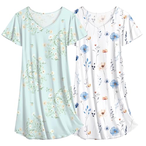 Image of Ekouaer 2 Pack Nightgowns for Women V Neck Sleepshirt Floral Green+White M