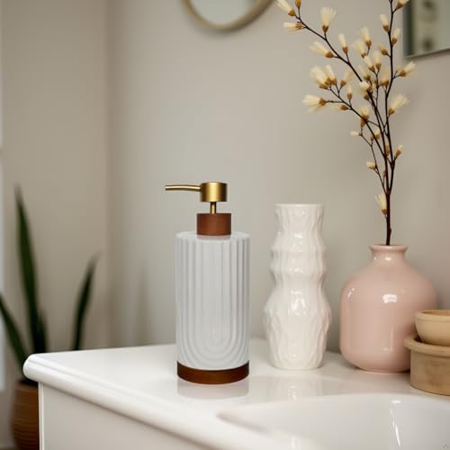 CAAS White Soap Dispenser,Ceramic with Wood Hand Soap Dispenser, 16oz Refillable Liquid Bottle, for Modern Home Decor, Bathroom, Kitchen Countertop, Hotel (White) by CAAS - Used condition - Image 7