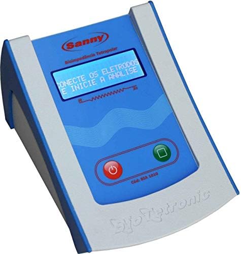Sanny Tetrapolar Bioimpedance Device with display showing 'CONNECT THE ELECTRODES AND START THE ANALYSIS'.