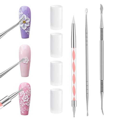 7Pcs Nail Art Sculpture Pen, Double-head 3D Sculpting Nail Art Tools, Stainless Steel Dotting Tools Nails Arts for Salon Home DIY, Acrylic Flower Design for Builder Gel Powder Applicator Manicure
