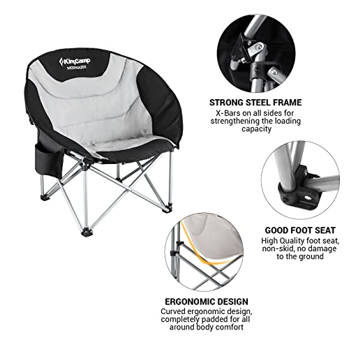 Kingcamp 2 Pack Camping Chair Oversized Padded Moon Round Saucer Chairs Camping Folding Chair With Cup Holder,Storage Bag,Carry Bag For Camping, Hiking Fishing Sports Balck&Grey Camping Chair #TOP1