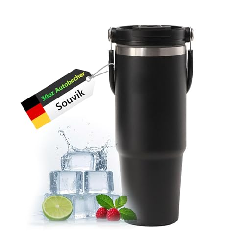 Souvik Taza Térmica 30oz Termo de Acero Inoxidable 304 con Pajita y Asa Vaso Termo Café para Llevar Termo para Café Botella Agua Acero Inoxidable para Auto Deporte y Exterior Aislado al Vacío