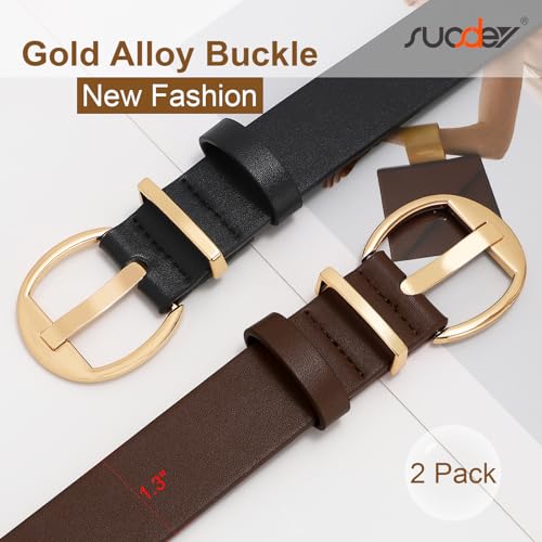 Image of SUOSDEY 2 Pack Fashion Womens Leather Belts Black Brown Ladies Belt with Gold Buckle for Jeans Pants Dresses, B-black+coffee, fits waist from 30 inch-33 inch