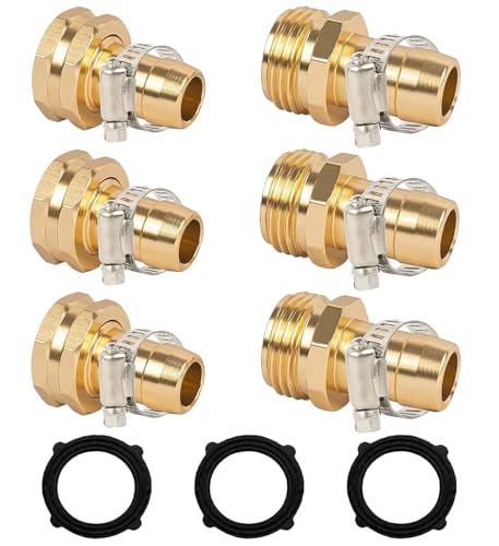 LIULO TOOL Garden Hose Repair Connector with Clamps, Fit for 3/4' or 5/8' Aluminum Garden Hose Fitting, Male and Female Hose Fittings, 3 Sets