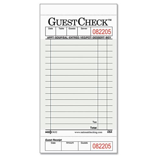 National Checking Company Guest Check Pad w/Stub, 3 1/2 x 6