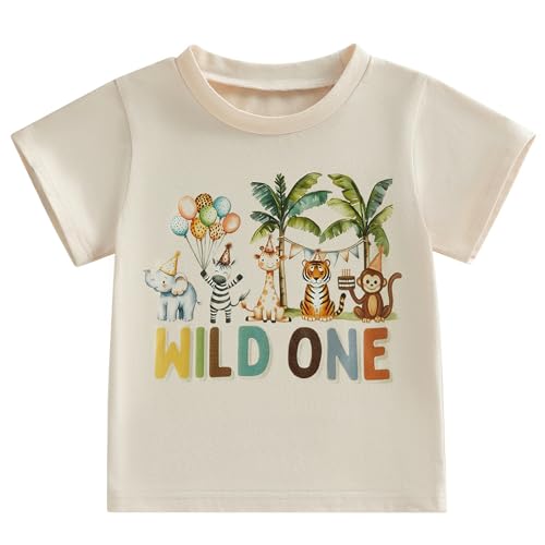 Infant Baby Boys Girls First Birthday Outfit 1st Birthday T-Shirt Wild One Safari Zoo Jungle Animals Shirt (Apricot Wild One 12-18 Months)