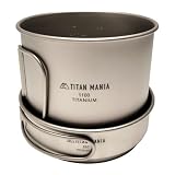 TITAN MANIA(チタンマニア) クッカー セット チタン製 折り畳みハンドル付 軽量 頑丈 直火 ポット コッヘル 鍋 フライパン 調理器具 ソロキャンプ BBQ バーベキュー アウトドア キャンプ用品 収納袋付き (1100ml+350ml)