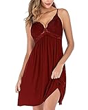 LonoLaka Women Modal Lace Babydoll Chemise Nightgown Sexy V Neck Bridal Sleepwear Wine Red M