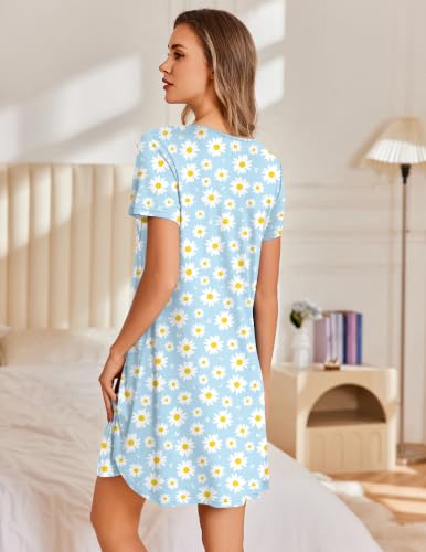 Image of Ekouaer Nightgowns for Women Pleated Sleep Shirts Short Sleeve Night Shirts Lace Trim Night Gown Ladies Sleep Dress