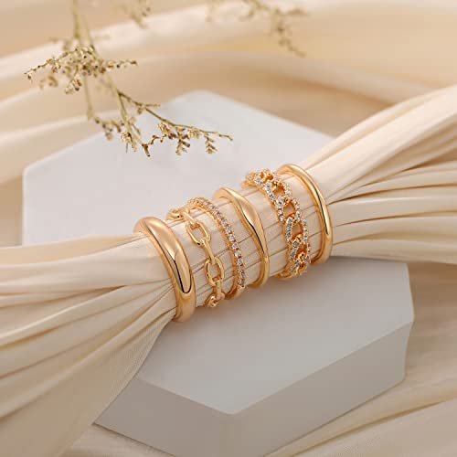 Rlmoon 6Pcs 14K Gold Plated Ring Set For Women Teens Cubic Zirconia Chunky Signet Stackable Ring Plain Band Thumb Finger Ring Size 7 #TOP3