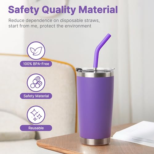 Image of Stainless Steel Straws for 20 oz Yeti Tumbler, 5 Pcs Metal Straws Reusable with Silicone Tip for 20 oz Stanley Cup and 16 oz Glass Tumbler, Cleaning Brush, 1 Portable Bag