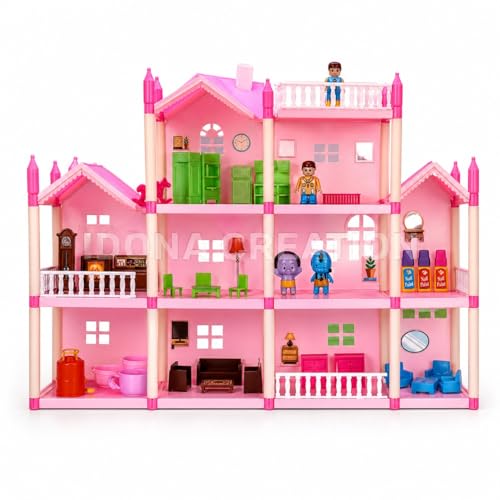 Image of DIY Doll House for Girls, 201 Pieces Multi-Level Play House with Furniture, Bedroom Kitchen Bathroom Living Room Set, Educational Pretend Play Toy for Kids Age 3+ Years, Pink