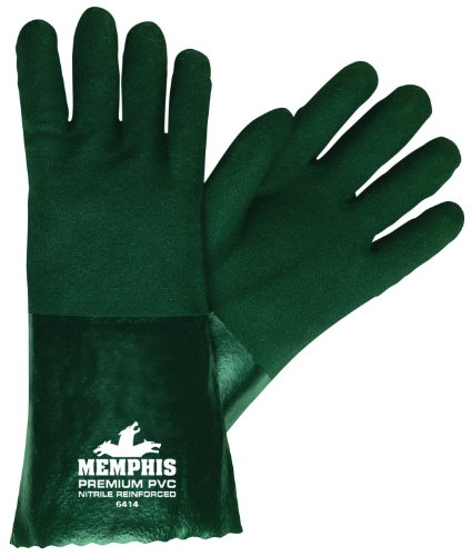 MCR Safety 6414 Memphis 14-Inch Premium Double Dipped PVC Nitrile Reinforced Gloves, Jersey Lined with Sandy Finish, Large, Green
