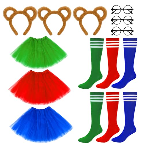 Britdiy 12 Pcs Chipmunk Costume Set Include 3 Chipmunk Ears Headband 3 Tutu Dress Shirt 3 Black Round Frame Glasses 3 Knee-High Socks for Party Animal Costume Accessories