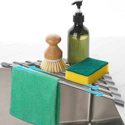 Tomorotec Adjustable Triangle Dish Drying Rack, Foldable Stainless Steel Over The Sink Kitchen Drainer Caddy Organizer Storage Shelf Holder, Corner Sink Caddy, Kitchen Sink Caddy (Marble)